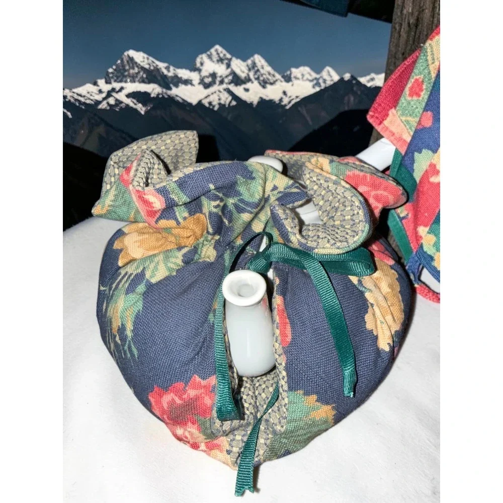 Floral Tea Cozy with White Ceramic Teapot Set Cottagecore Navy Rose